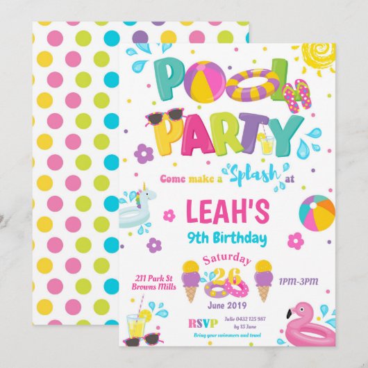 Pool Party Birthday Invitations Girls Kaart (Voorkant / Achterkant)