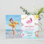 Pool Party Birthday Photo Invitation Kaart (Staand voorkant)