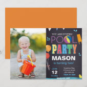 Pool Party Birthday Uitnodiging met foto (Voorkant / Achterkant)