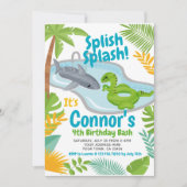 Pool Party Dinosaur and Shark Birthday Invitation Kaart (Voorkant)