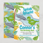 Pool Party Dinosaur and Shark Birthday Invitation Kaart (Voorkant / Achterkant)