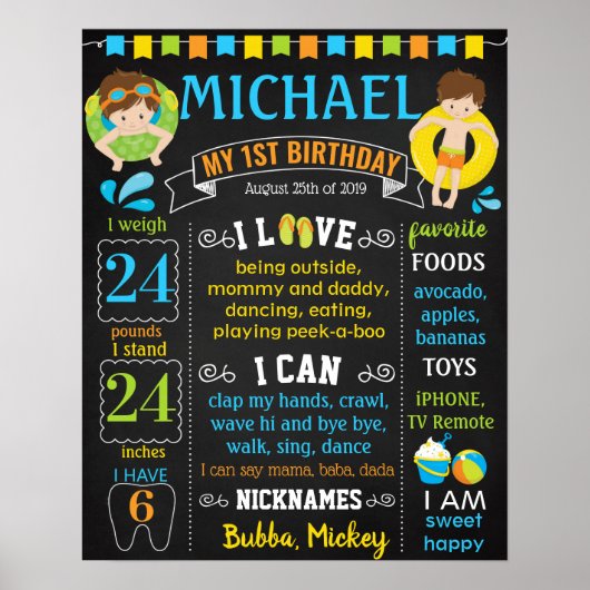 Pool party first verjaardagskaarbord poster (Voorkant)