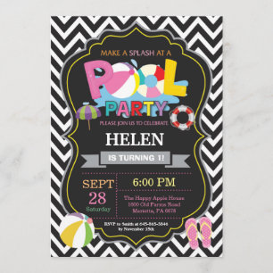 Pool Party Invitation Black Splish Splash Girl Kaart