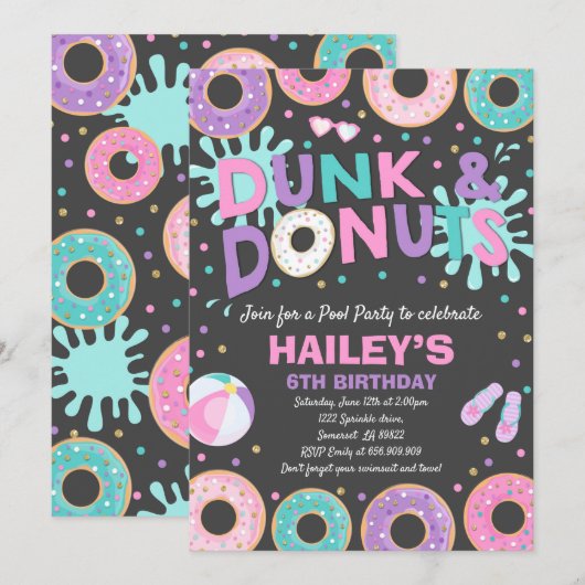 Pool Party Invitation Dunk and Donuts Pool Party Kaart (Voorkant / Achterkant)