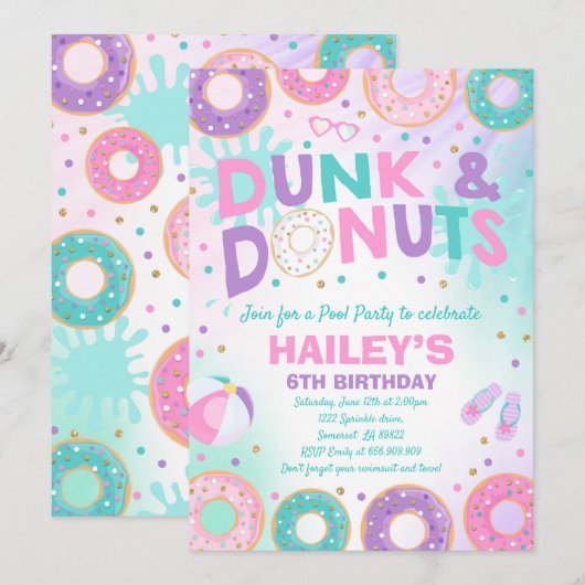 Pool Party Invitation Dunk and Donuts Pool Party Kaart (Voorkant / Achterkant)