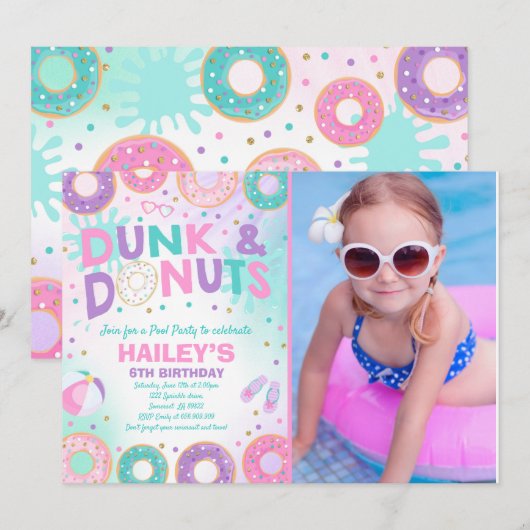 Pool Party Invitation Dunk and Donuts Pool Party Kaart (Voorkant / Achterkant)