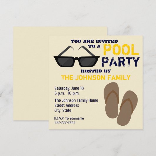 Pool Party Invitation Teenslippers & Sunbril Kaart (Voorkant / Achterkant)
