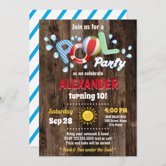 Pool Party Kids Birthday Invitation Save The Date (Voorkant / Achterkant)