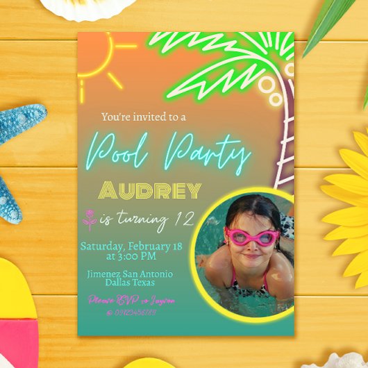 Pool Party Neon Invitation avec photo