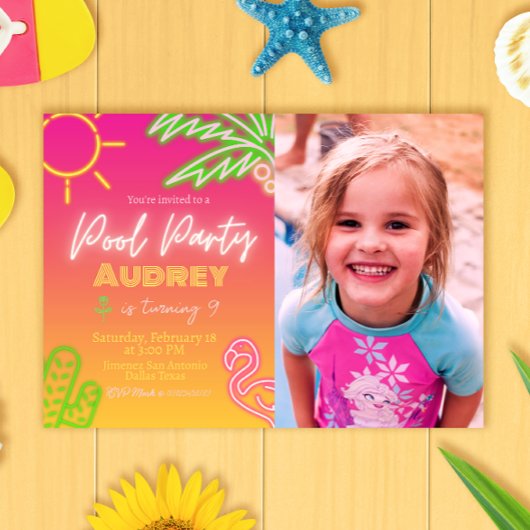 Pool Party Neon rose Invitation avec photo