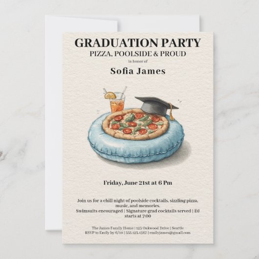 Pool Party Pizza Graduation Celebration Invitation Kaart (Voorkant)