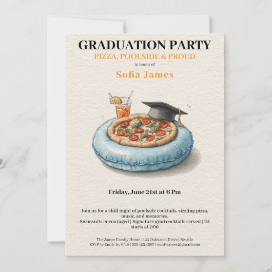 Pool Party Pizza Graduation Celebration Invitation Kaart (Voorkant)