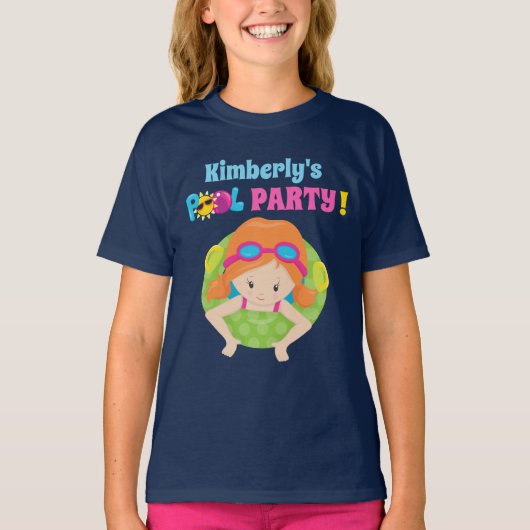 Pool Party Redhead Birthday Girl Cute Custom T-shirt (Voorkant)