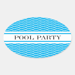 POOL PARTY Sky Blue White Waves Racing Stripes Ovale Sticker