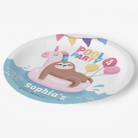 Pool Party Sloth with Balloons Summer Birthday Papieren Bordje (Gekanteld)