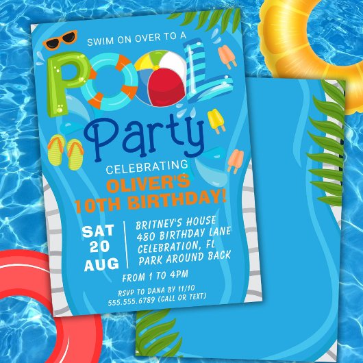Pool Party Summer Boy Birthday Party Invitation