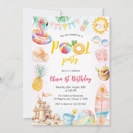 Pool Party Summer Theme Birthday Party Invitation (Devant)