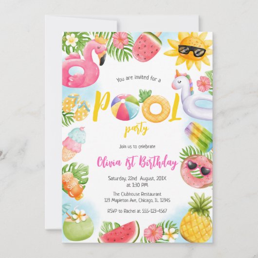 Pool Party Summer Theme Birthday Party Invitation Kaart (Voorkant)