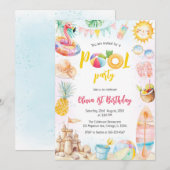 Pool Party Summer Theme Birthday Party Invitation Kaart (Voorkant / Achterkant)