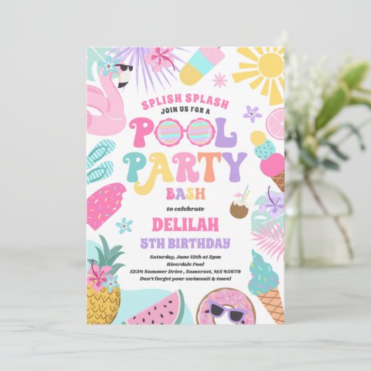 Pool Party Tropical Summer Pool Birthday Kaart (Staand voorkant)