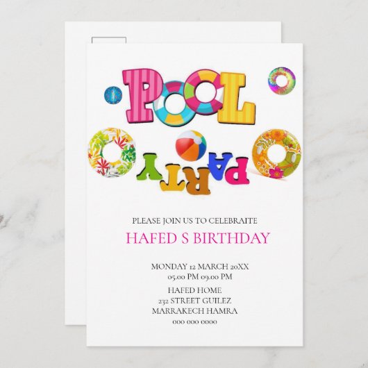 Pool Party Uitnodiging Pool Party Verjaardag Uitno (Voorkant / Achterkant)