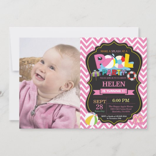 Pool Party Uitnodiging Roze Splish Splash Meisje (Voorkant)