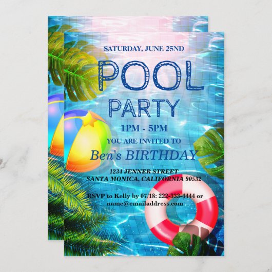 Pool Party | Uitnodiging voor zwemvogels (Voorkant / Achterkant)