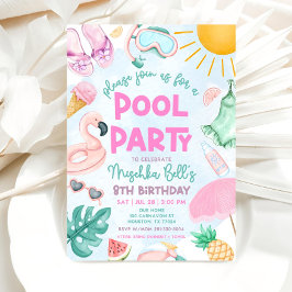 Pool Party Uitnodiging, Zomer Meisje Verjaardagsfe Kaart