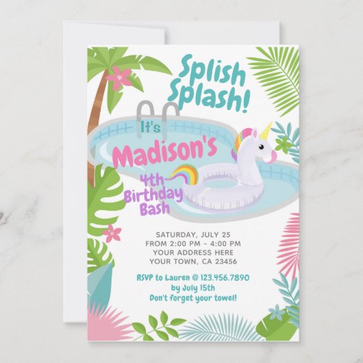 Pool Party Unicorn - uitnodiging (Voorkant)
