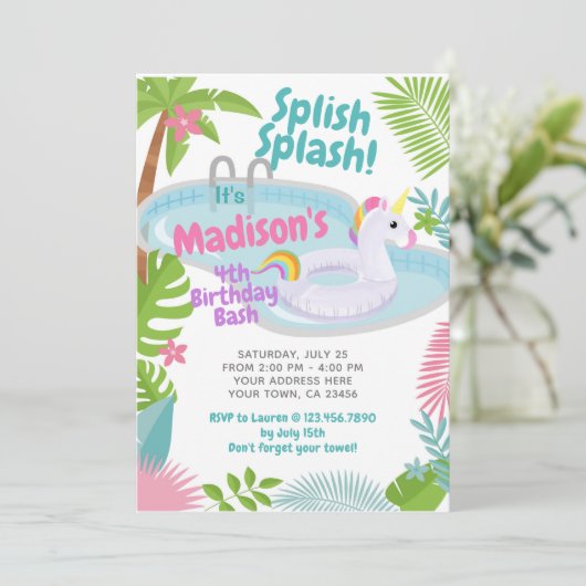 Pool Party Unicorn - uitnodiging (Staand voorkant)