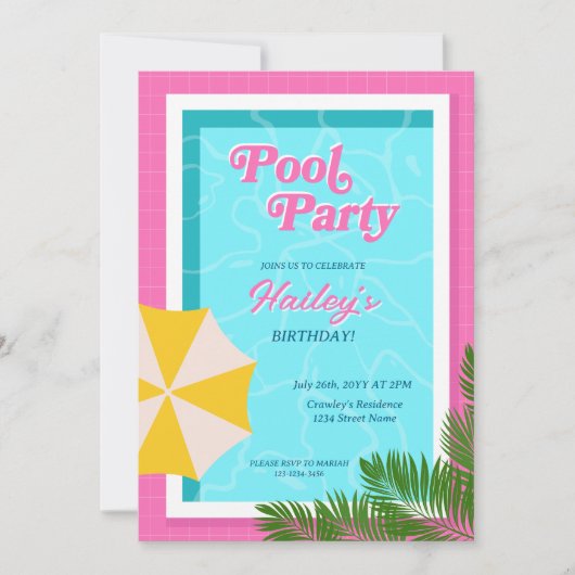 Pool Party Verjaardag Nodig Roze uit Kaart (Voorkant)
