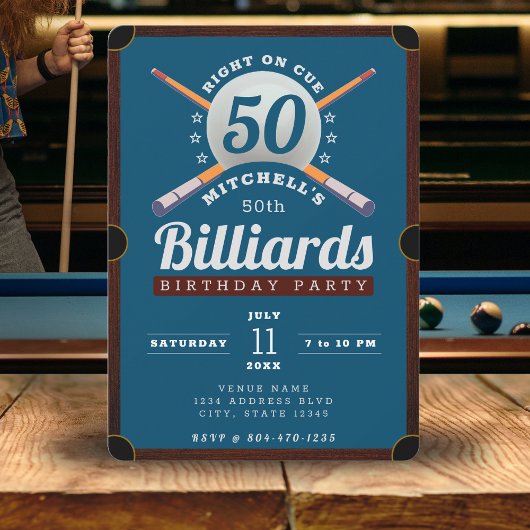 Pool Table Biljart 50ste Verjaardag Party Blauw Kaart