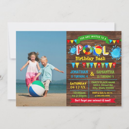 Pool verjaardag bash broers en zussen gecombineerd kaart (Voorkant)