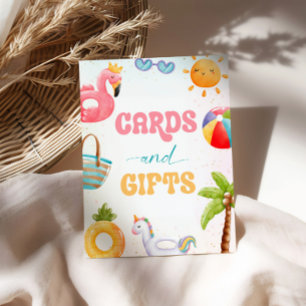 Poolfeest, strand verjaardagsfeestje Kaarten en ge Reclamebord Met Voetstuk