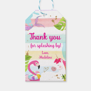 Poolparty met eenhoorn zeemeermin flamingo verjaar cadeaulabel