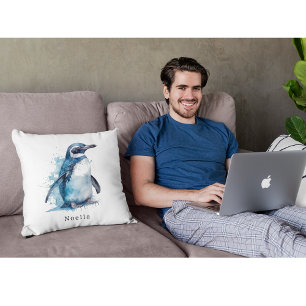 Poolse Azure Waterverf Pinguïn, op maat Kussen