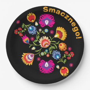Poolse folklore met roze bloemen Papieren Bordje