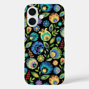 Poolse Wycinanki bloemmotief op zwart iPhone 16 Hoesje
