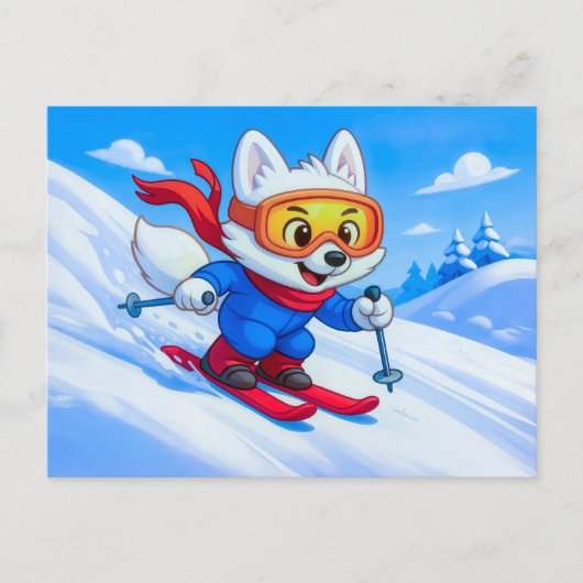 Poolvos die een besneeuwde berg af skiet briefkaart (Voorkant)