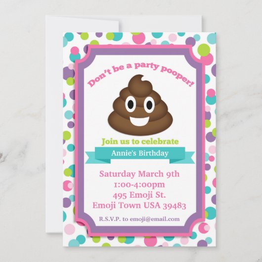 Poop Emoji Fille Anniversaire Invitation (Devant)