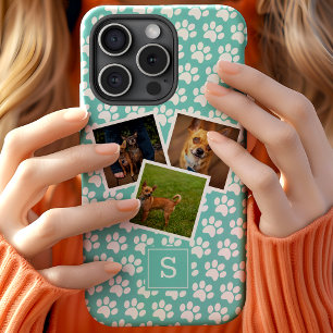 Pootafdruk huisdier fotocollage turquoise monogram iPhone 12 hoesje