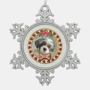Pootafdrukken en gouden lijst aangepaste huisdier tin sneeuwvlok ornament