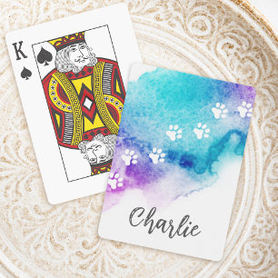 Pootafdrukken paarse aqua blauwe aquarelverf pokerkaarten