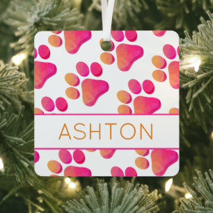 Pootafdrukken Roze Oranje PET NAAM Hond Kat Leuk Metalen Ornament