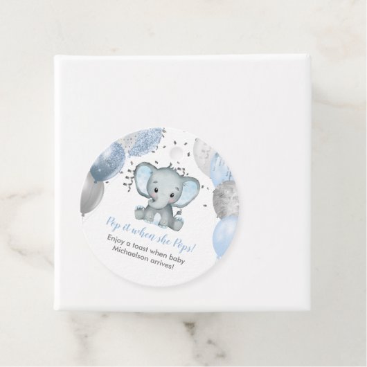 Pop als ze blauw olifant Baby shower Pop Bedankjes Labels (In situ)