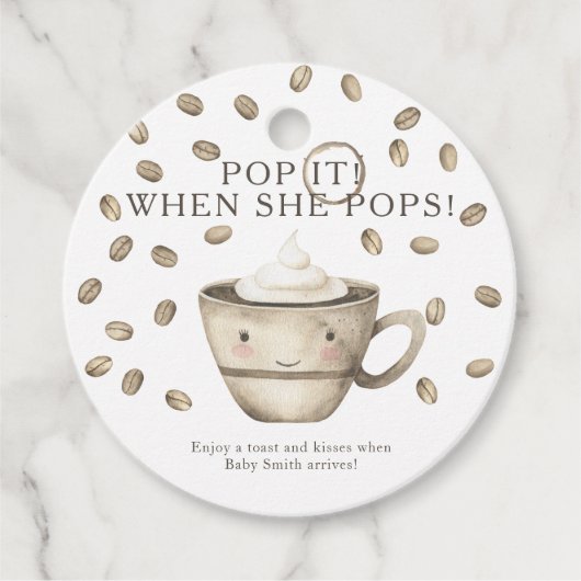Pop als ze pop heeft! koffie-baby shower bedankjes labels (Voorkant)