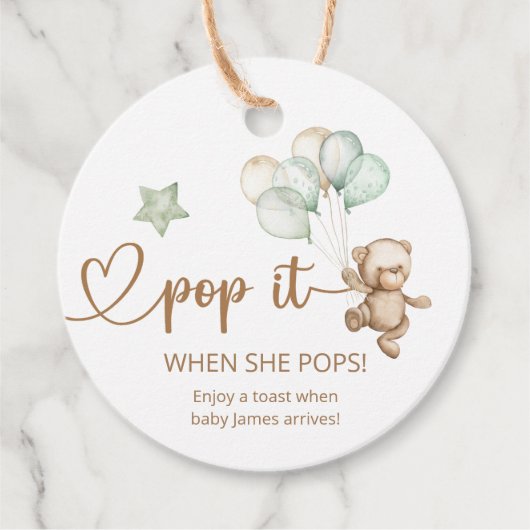 Pop als ze Teddy Bear Baby shower Pop Bedankjes Labels (Voorkant)
