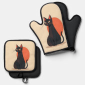 Pop Art Black Cat with Orange Sun Ovenwant & Pannenlap Set (Voorkant / Achterkant)