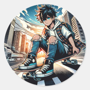 Pop Art Boy op skateboard in de stad Ronde Sticker