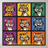 Pop Art Cartoon Tiger Grid Fun Wall Art Poster (Voorkant)